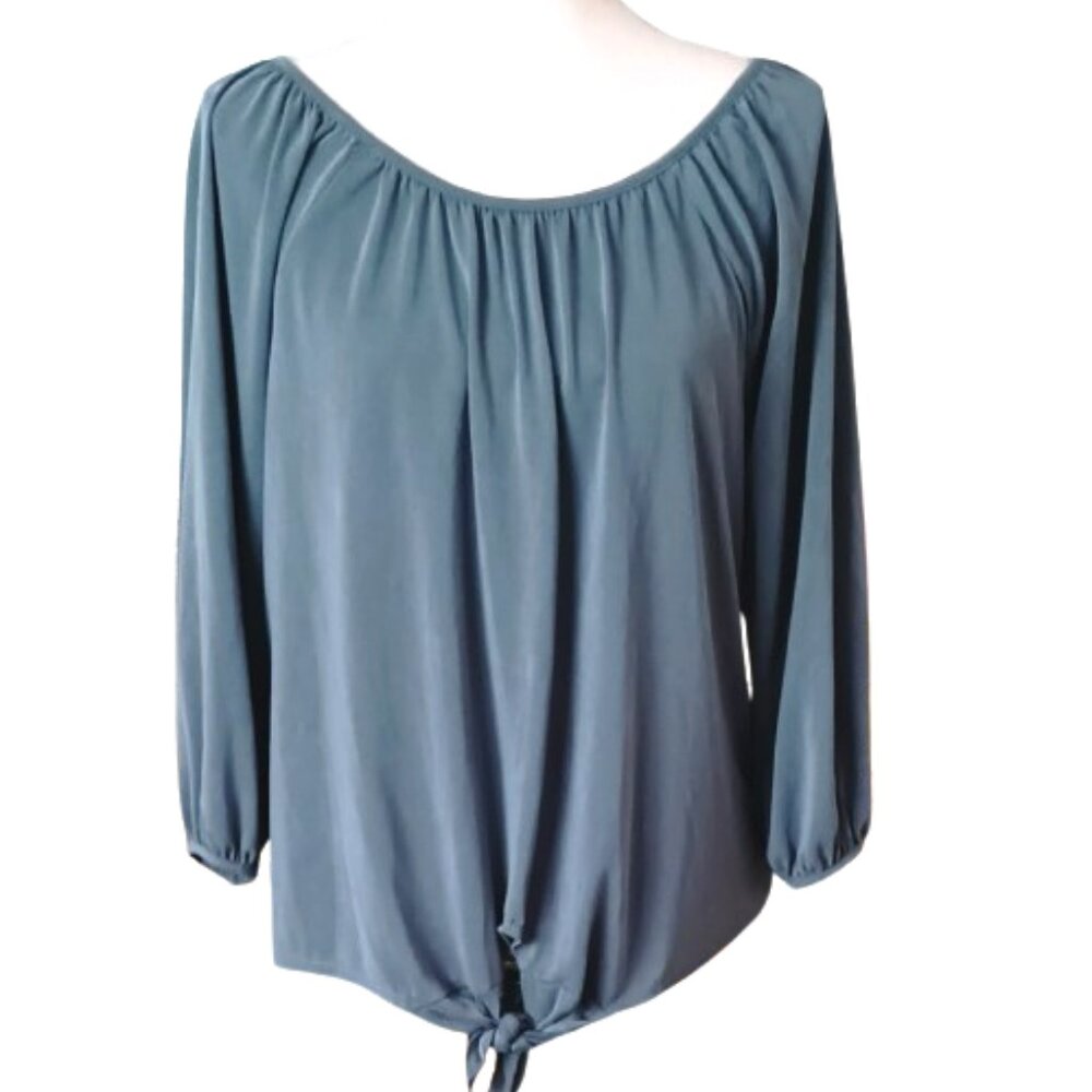 Green Envelope Gray Boho Top S Tie Waist Gathered Scoop Neck 3/4 Sleeves Stretch